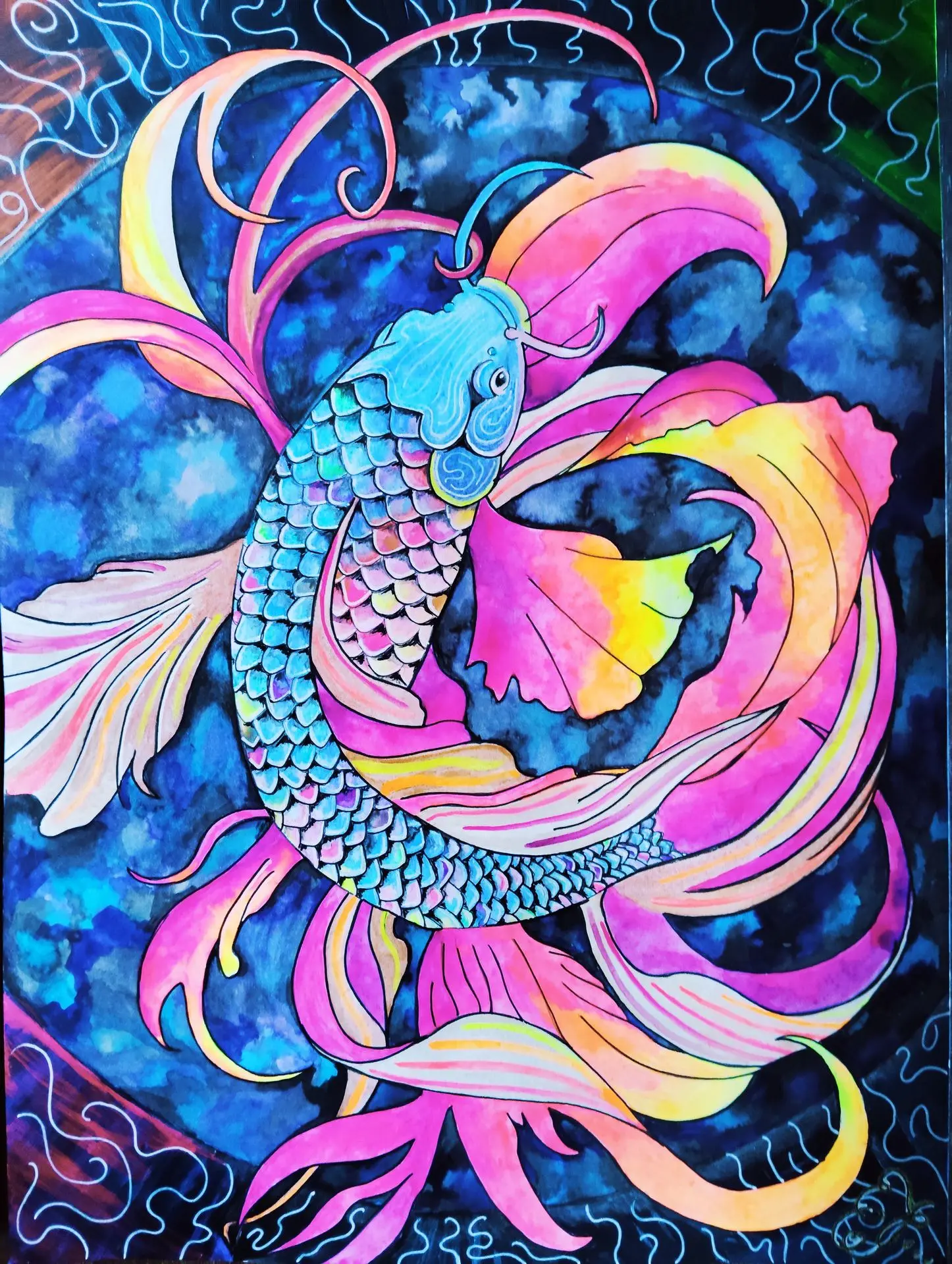 A watercolour painting of a koï carp inspired by Japanese art